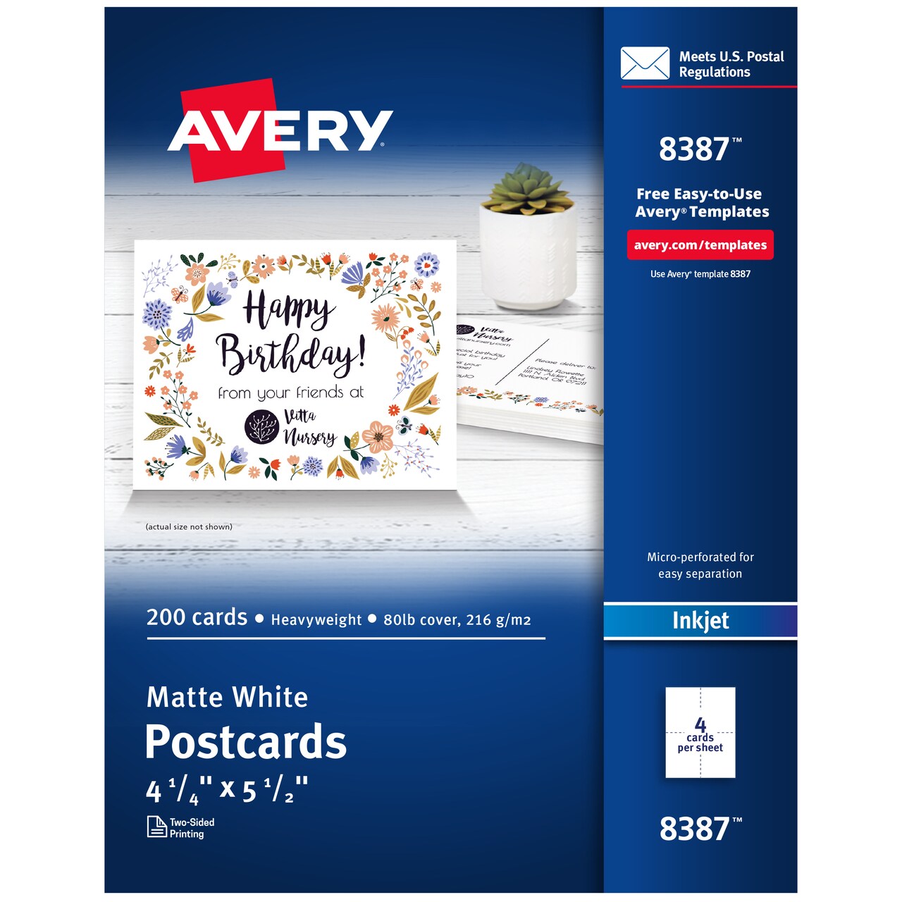 Avery Printable Postcards, 4.25" x 5.5", Matte White, 200 Blank Postcards for Inkjet Printers (8387)